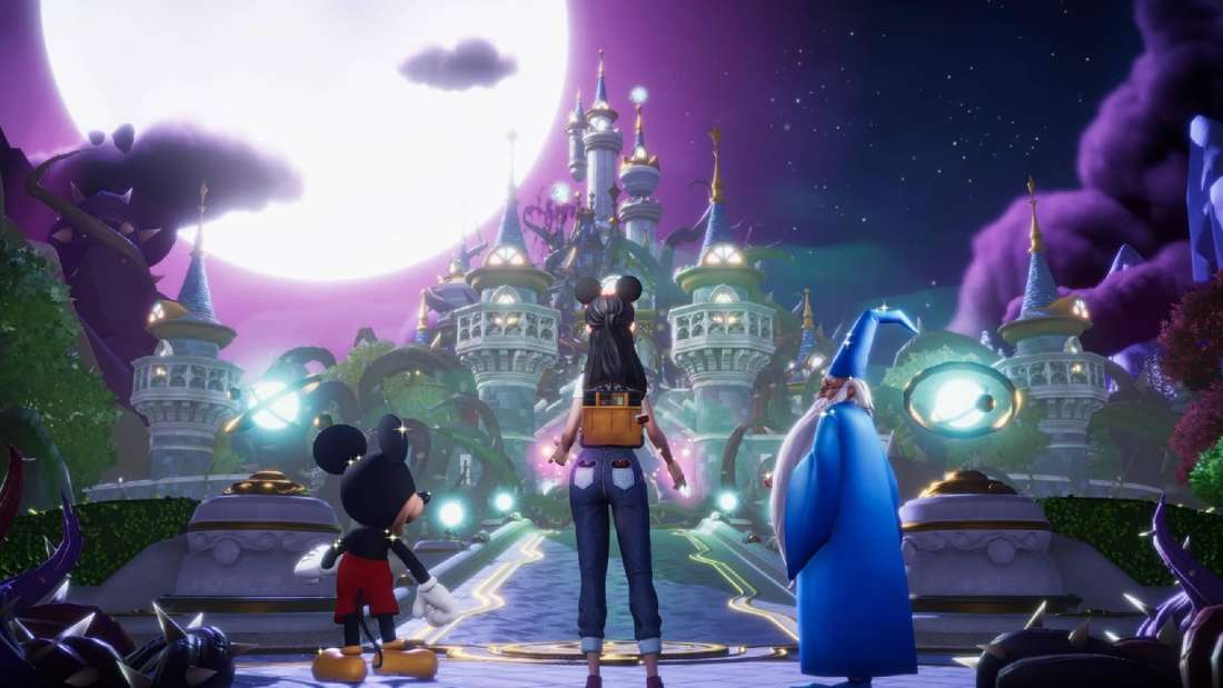 Merlin and Mickey Mouse in front of the dream castle in Disney Dreamlight Valley