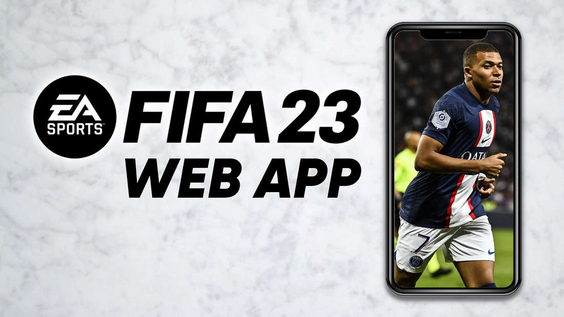 FIFA 23 logo with “Web App” written on it.  Next to it is a smartphone with a picture of Mbappe