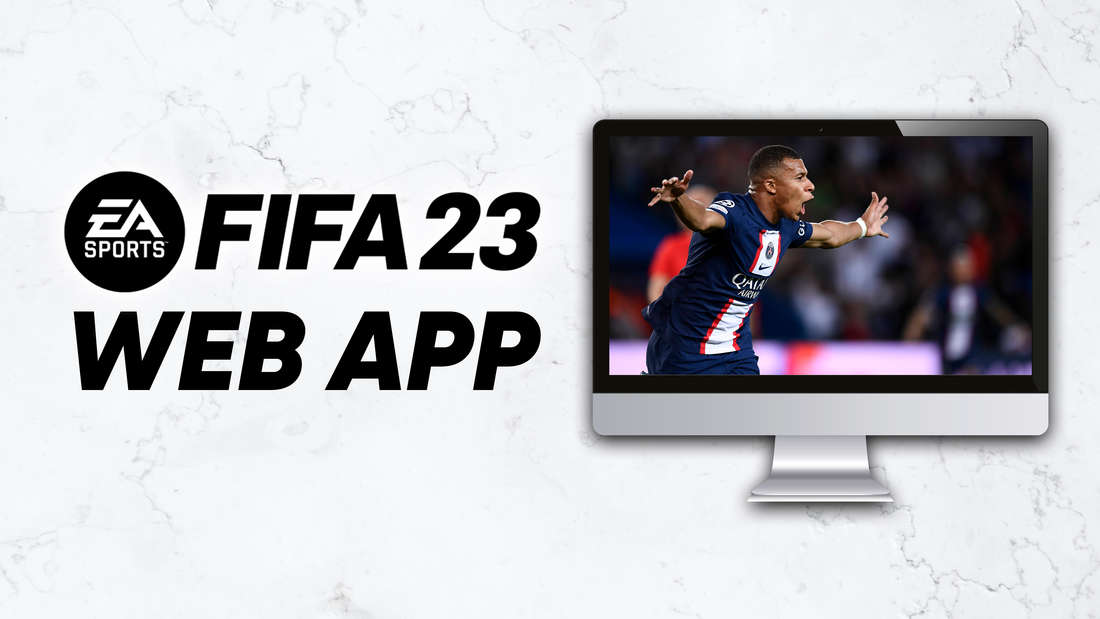 FIFA 23 logo with “Web App” written on it.  Next to it is a monitor with a picture of Mbappe