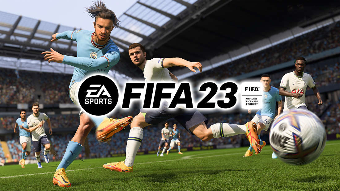 Jack Grealish kicks a ball behind the FIFA 23 logo