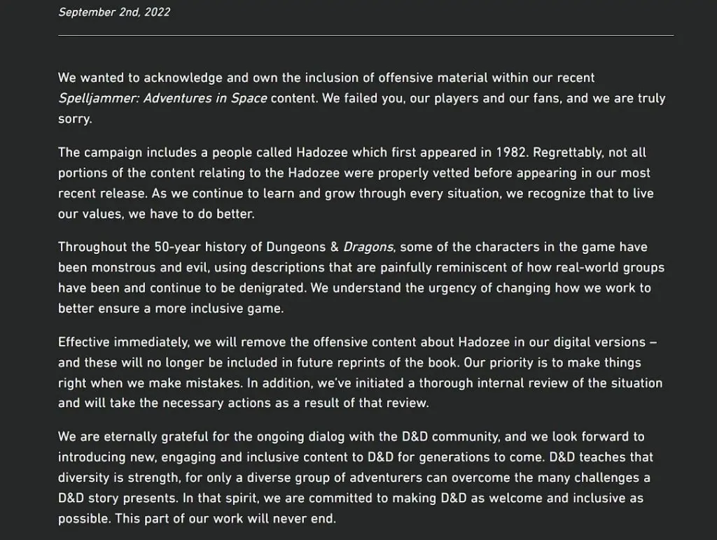 apology statement from the wizards of the hadozee coast