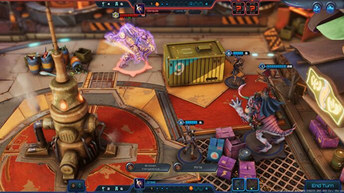 A close-up shot of the battlefield in Moonbreaker as a giant frog jukes it out with another team leader.