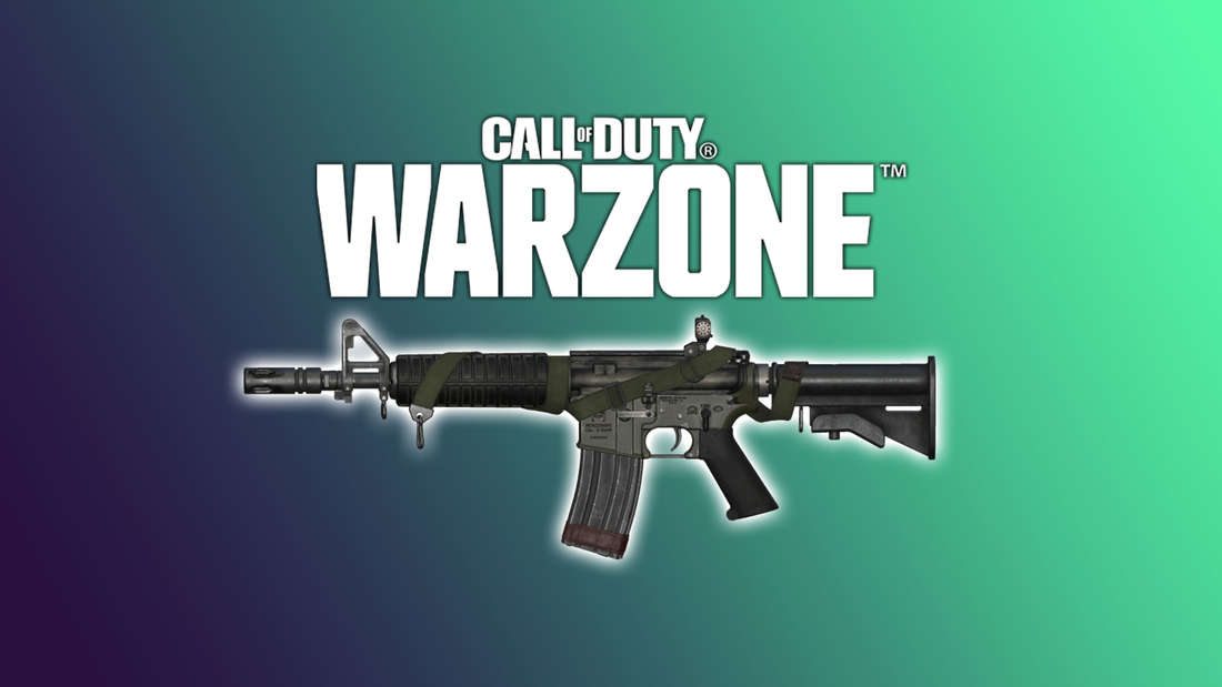 An assault rifle under the Warzone logo