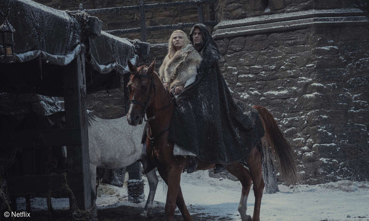 Geralt (Henry Cavill) and Ciri (Freya Allan) on Geralt's horse Roach