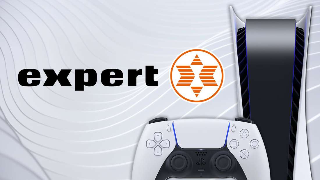 The PS5 in front of the Expert logo