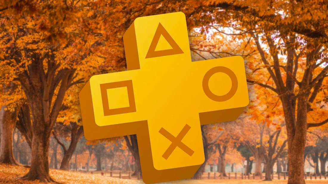 The PS Plus logo in front of an autumnal park