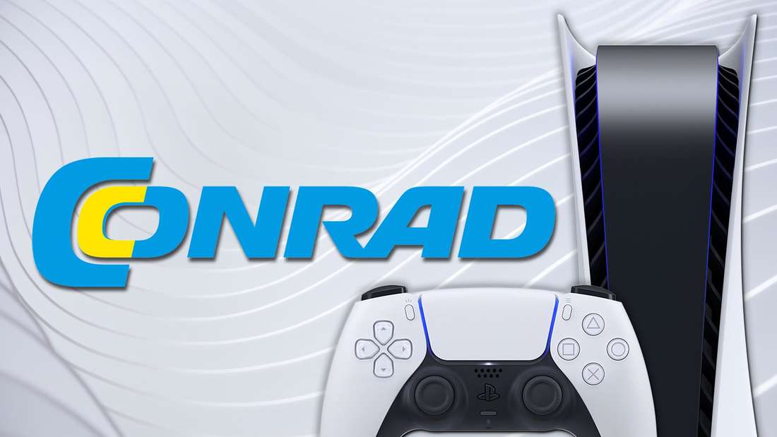 The PS5 in front of the Conrad logo
