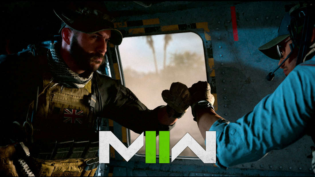 Captain Price and Sgt. Briggs behind the Modern Warfare 2 logo