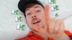 MrBeast lies on a bed and points his finger at the camera.  Money emojis are mounted in the picture around him.