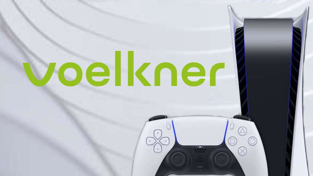 The PS5 together with the Voelkner logo.