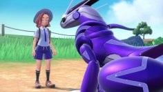 The character is facing a giant purple Pokémon.