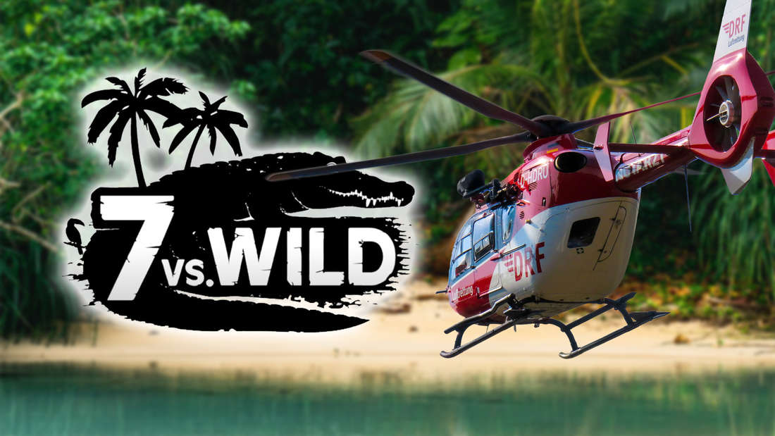 Helicopter in front of tropical island in 7 vs Wild