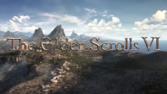 The Elder Scrolls 6 logo in front of a mountain range.