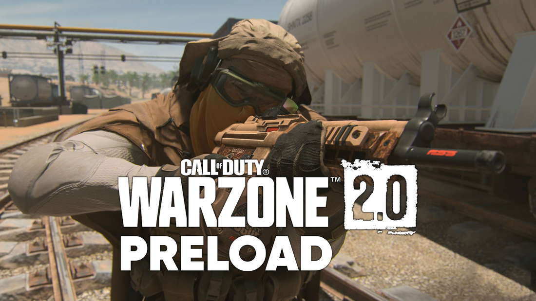 A soldier aims behind the Warzone 2 Preload logo