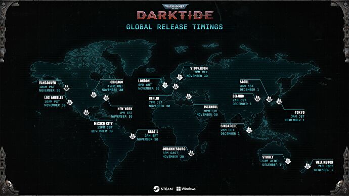 A map showing Darktide launch timings.