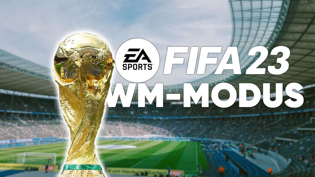 The World Cup trophy next to the FIFA 23 logo