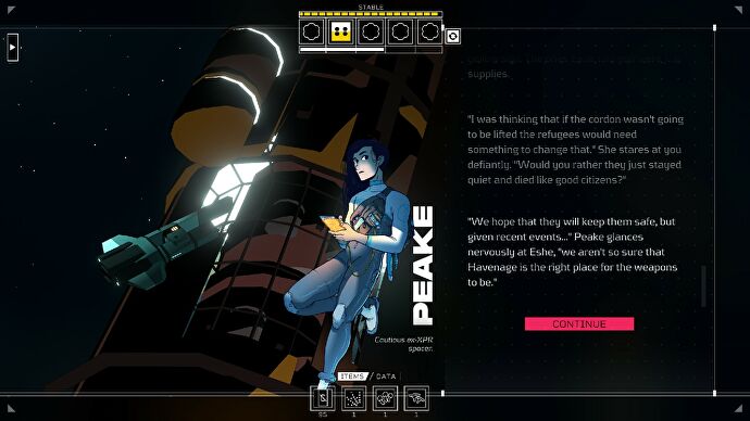 A dialogue screen with Peake, with their art on the left and text on the right overlaid over part of the eye.