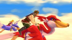 Link and Zelda ride their giant birds in Skyward Sword.