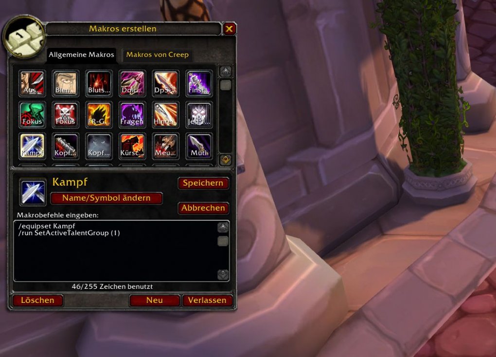 WoW: WotLK Classic - This is what a finished spec/gear change macro from Creep looks like. 