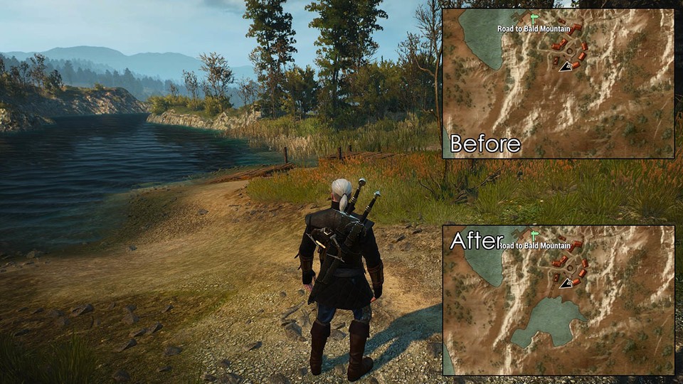 In the original, the lake on Geralt's left was missing from the map.  (Image source: NexusMods)