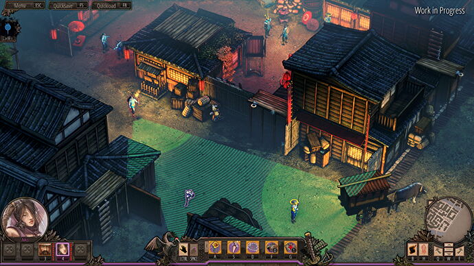 Enemy soldiers patrol a bath in Shadow Tactics: Aiko's Choice