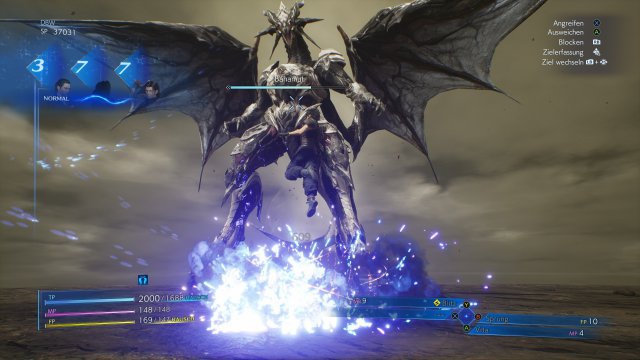 The materia ability Leap helps against the laser fire from boss dragon Bahamut.  Thanks to the freely assignable quick menu, you can now use such special abilities quickly and easily.