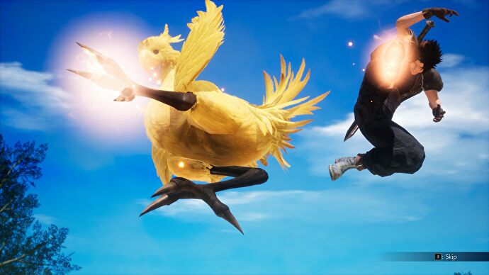 Zack jumps in the air alongside a chocobo, preparing to stamp down on the ground in Crisis Core - Final Fantasy VII - Reunion.