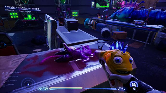 The player wields a yellow goldfish-looking gun that has an expression of horror on its face as it looks down at a deceased alien gun on an operating table in High On Life.
