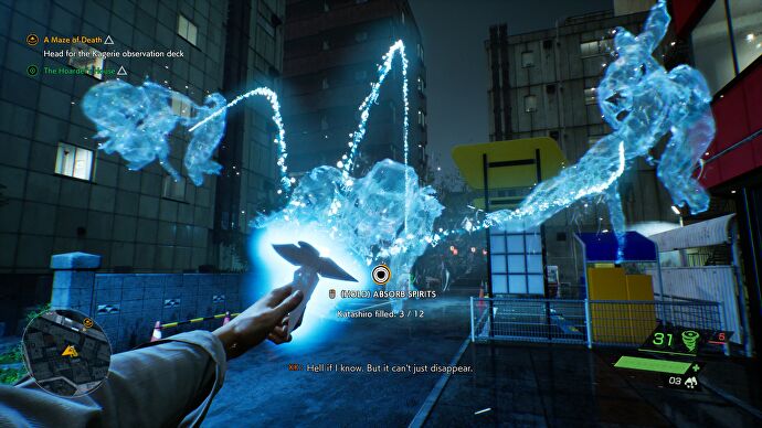The player uses a katashiro item to absorb the blue souls of lost people in Ghostwire Tokyo
