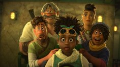 The main characters of Disney's Strange World look terrified at the camera.