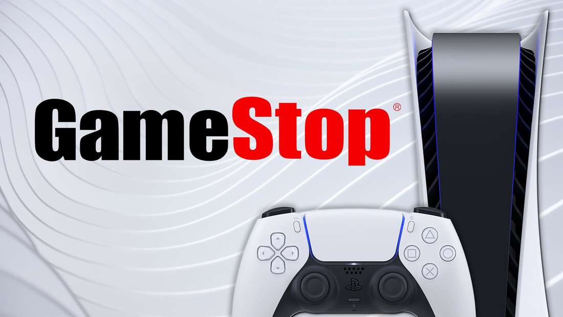 The PS5 in front of the GameStop logo