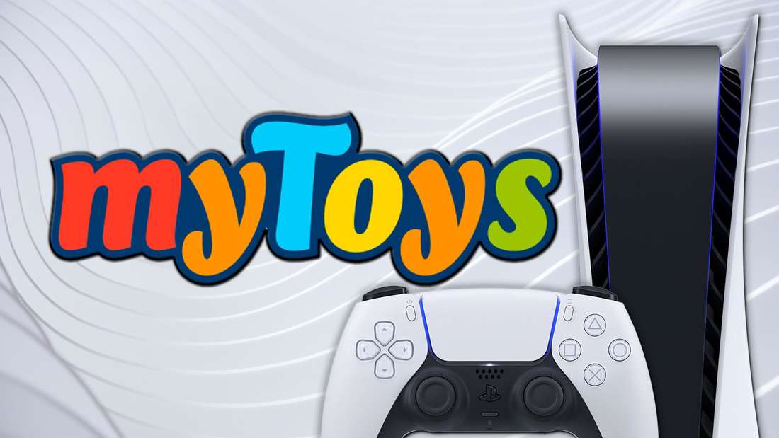 The PS5 in front of the MyToys logo