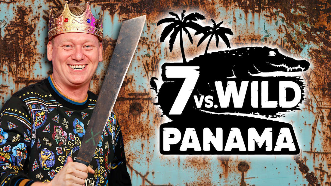 Twitch streamer Knossi with a machete.  Next to it the logo of 7 vs. Wild