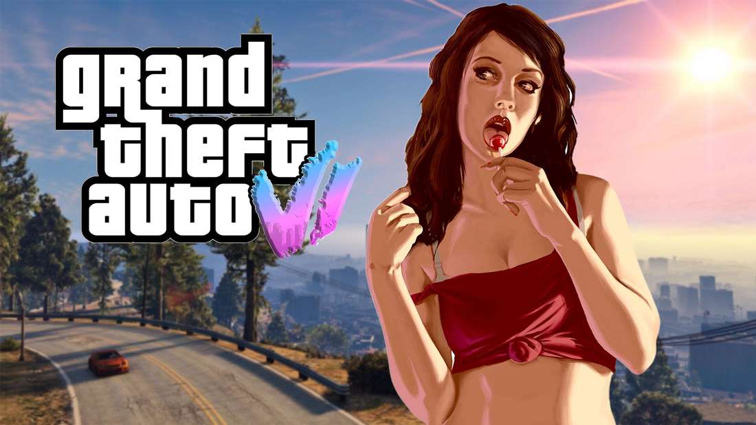 Woman with a lollipop in her mouth looks at the GTA 6 logo