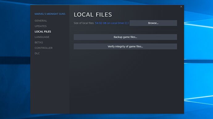 Step 1 of how to disable the 2K Launcher for Marvel's Midnight Suns on Steam: Opening the game's local files folder.