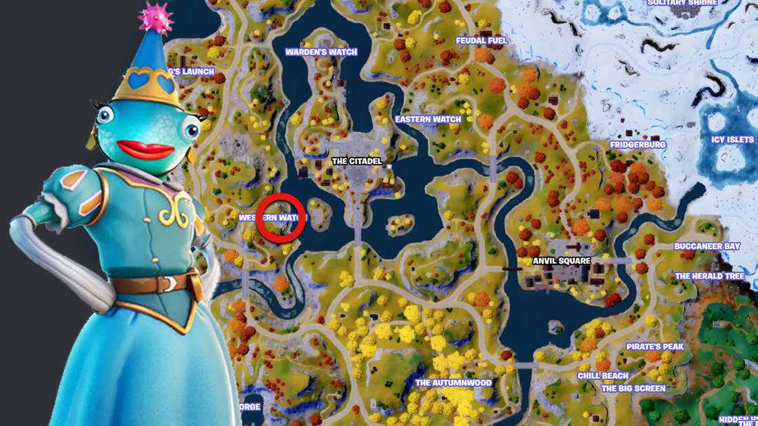 Map of Fortnite Chapter 4 with NPC Princess Felicity Fish spawn point