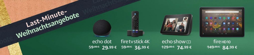 Amazon's last-minute Christmas deals include devices for Alexa and Prime Video, such as the Echo Dot Smart Speaker or the Fire TV Stick 4K, at huge discounts.