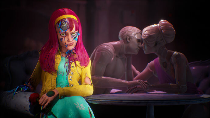 A faction leader in Judas, a young woman with primary colored clothes and pink hair, but whose skin is peeling away to reveal she is a kind of advance android or robot