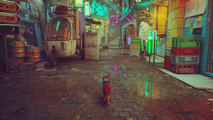 Stray on its high quality settings, showing a leon-lit street scene.