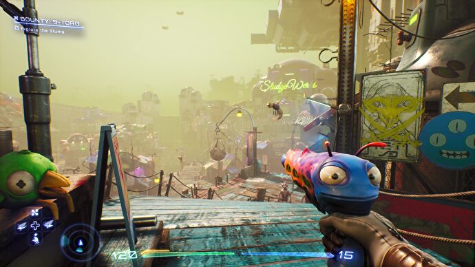 The player looks out at the slums in High On Life.