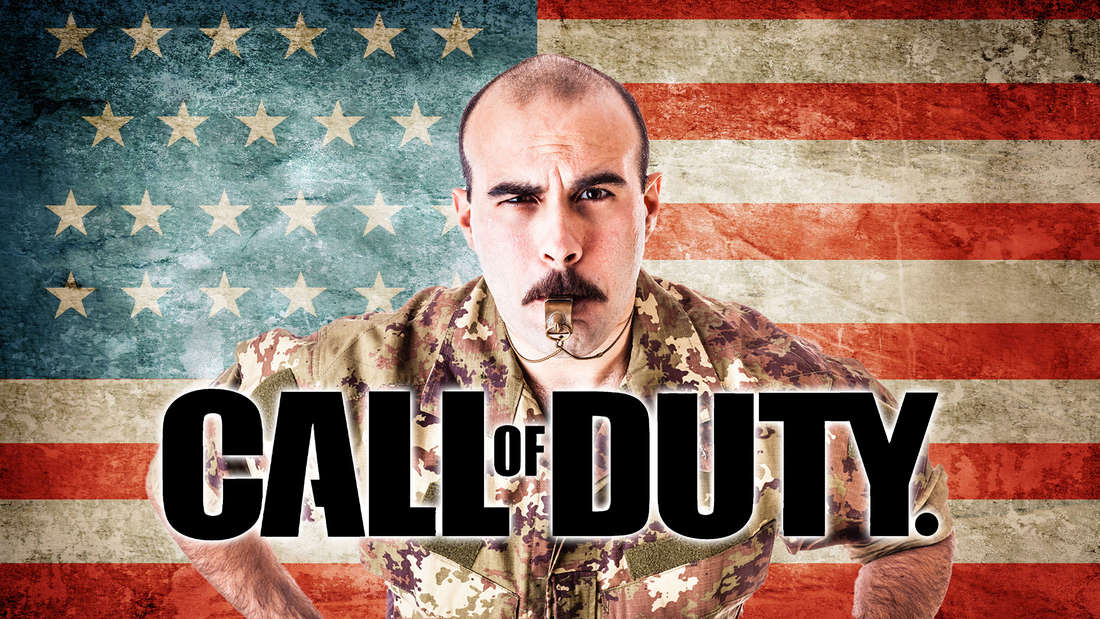 A drill sergeant whistles in front of the American flag and behind the Call of Duty logo
