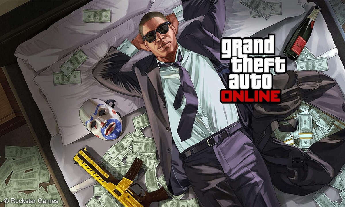 GTA Online Cover: Man in suit lying in bed with money and gun