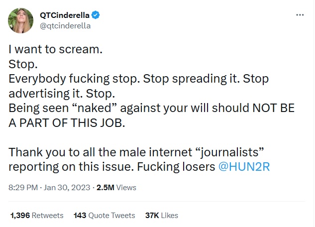 A tweet from QTCinderella with the text: "I want to scream.  Stop.  Everybody fucking stop.  Stop spreading it.  Stop advertising it.  Stop.  Being seen