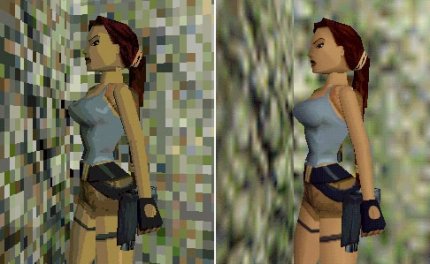 Tomb Raider: Bilinear filtering off (left) and on (right) (Image: PCGH)