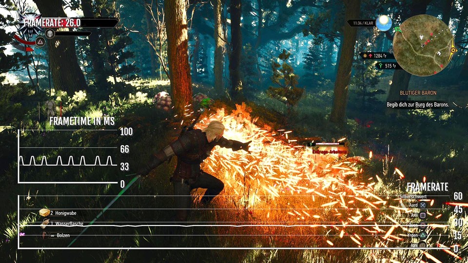 Fighting in the forest is still not a good idea, because the shadows cast by the foliage cause annoying jerks.  In general, the more trees in the picture, the sooner the frame rate drops.  (Image: PS5)