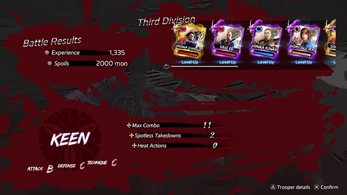 A post-fight screen showing EXP, combat rating, and a bunch of Trooper Cards having leveled up in Like A Dragon Ishin!