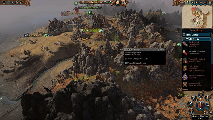 A partially zoomed-out view of a rocky desert area littered with bones in Total War Warhammer 3 Immortal Empires, showing the location of some different facts