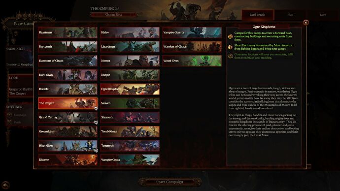 The choose fact screen in Total War Warhammer 3 Immortal Empires.  There are a lot of facts, including ogres, humans, vampires, orcs, elves, and so on