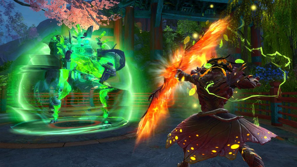 Character in Guild Wars 2 fires an imposing bow that you can only get from the loot boxes of the MMORPG.
