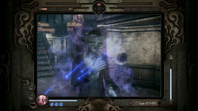 A specter is caught in the lens of the character's camera in Fatal Frame: Mask of the Lunar Eclipse